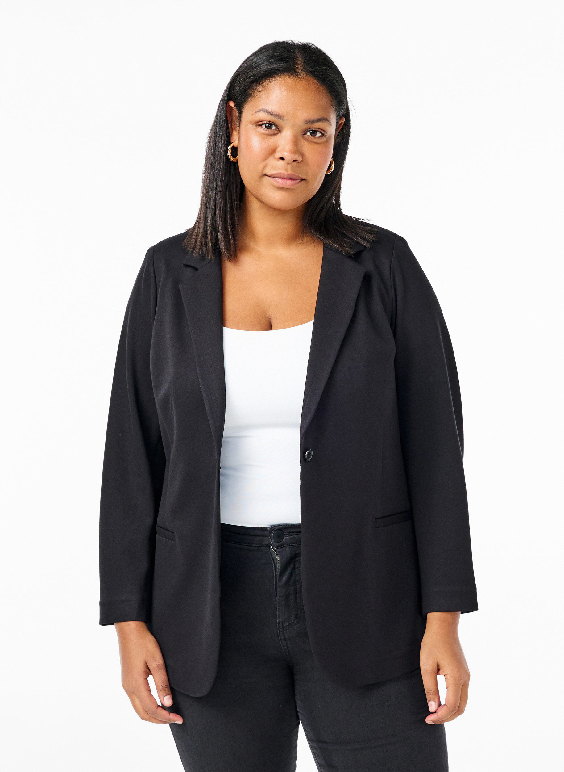 Schlichter Blazer mit Knopfverschluss, Schwarz, Model