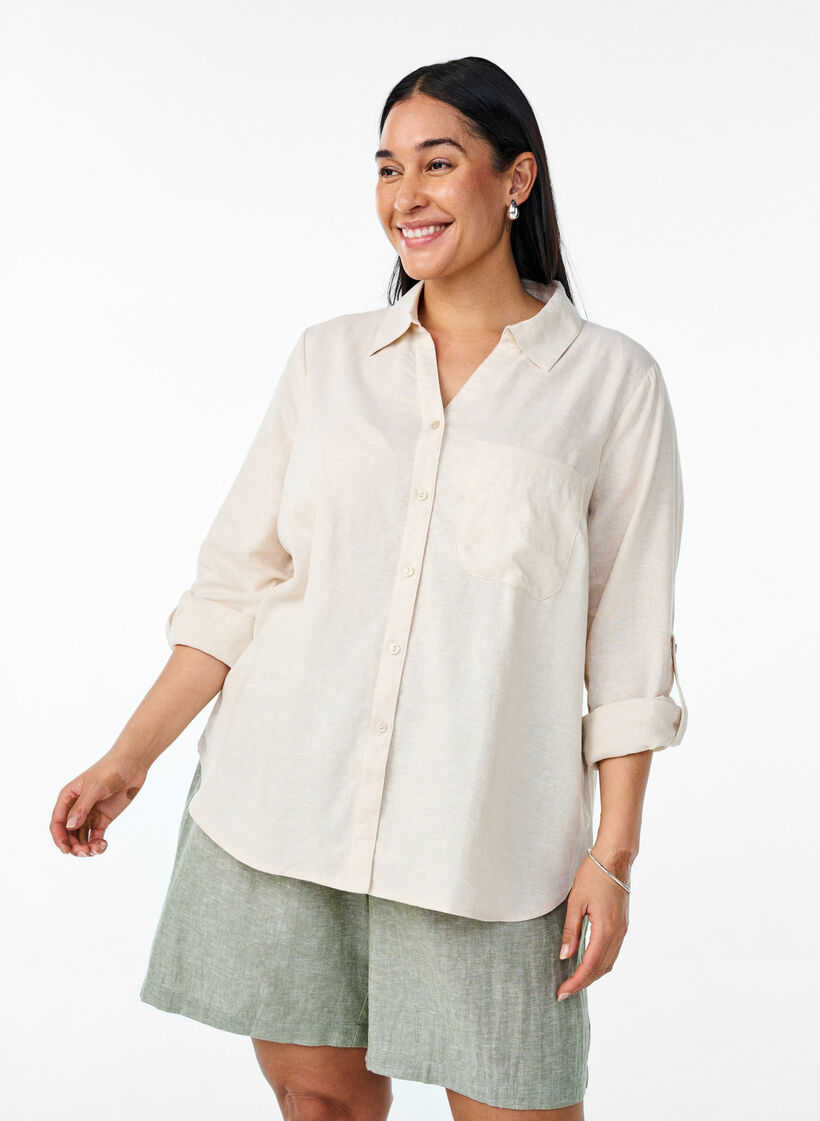 Bluse aus Leinen und Viskose mit 3/4-Ärmeln, Beige, Model image number 0