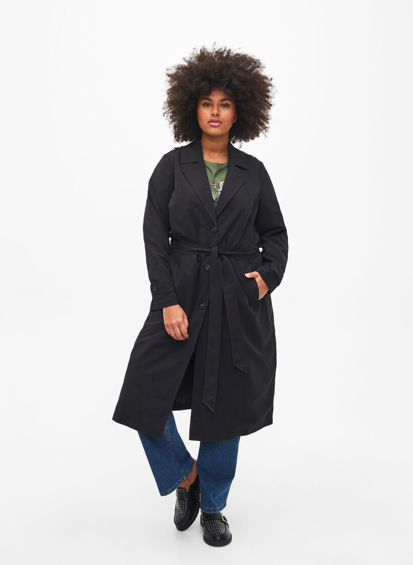 Langer Trenchcoat mit Gürtel, Black, Model image number 0