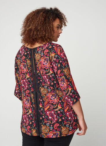 Bluse mit Print, 3/4-Ärmeln und Spitze am Rücken, Black/Multi Paisley, Model image number 1