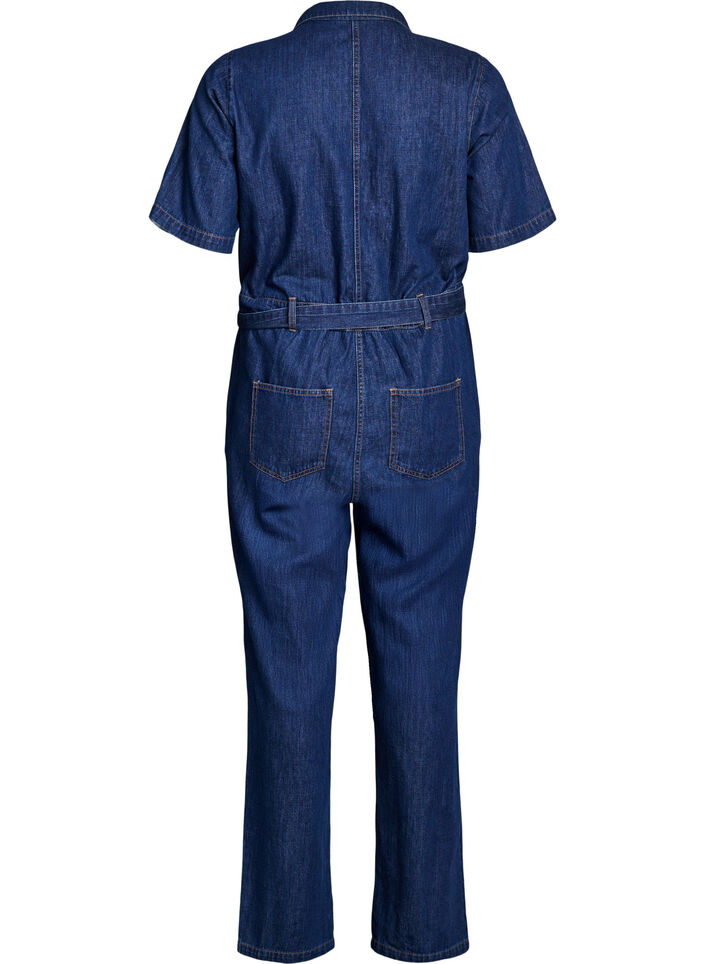 Denim-Jumpsuit mit kurzen &Auml;rmeln und Bindeg&uuml;rtel, Blau, Packshot image number 1