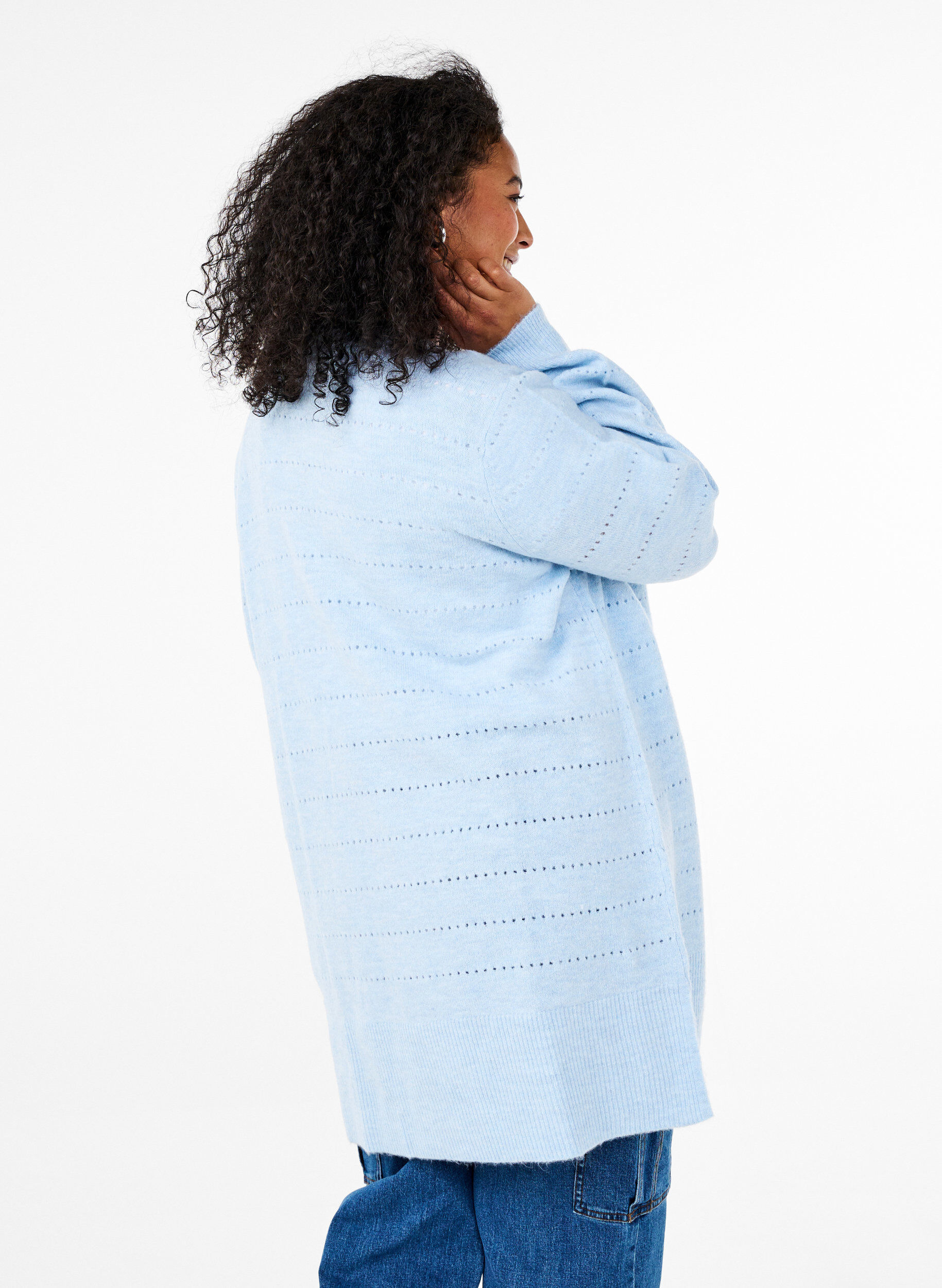 ZizziLange Strickjacke aus Strick mit Lochmuster, Cashmere Blue Mel., Model image number 1