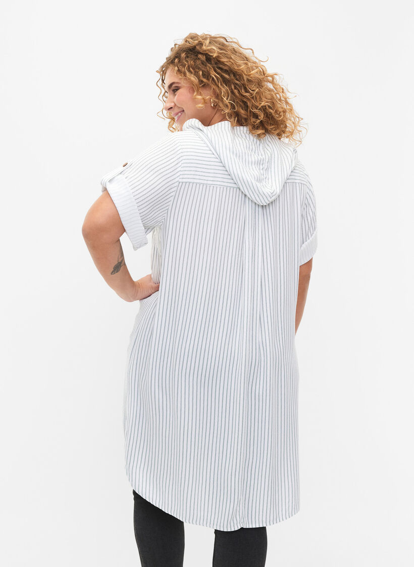 Kurzärmelige Viskose-Tunika mit Kapuze, Chinois Green Stripe, Model image number 1