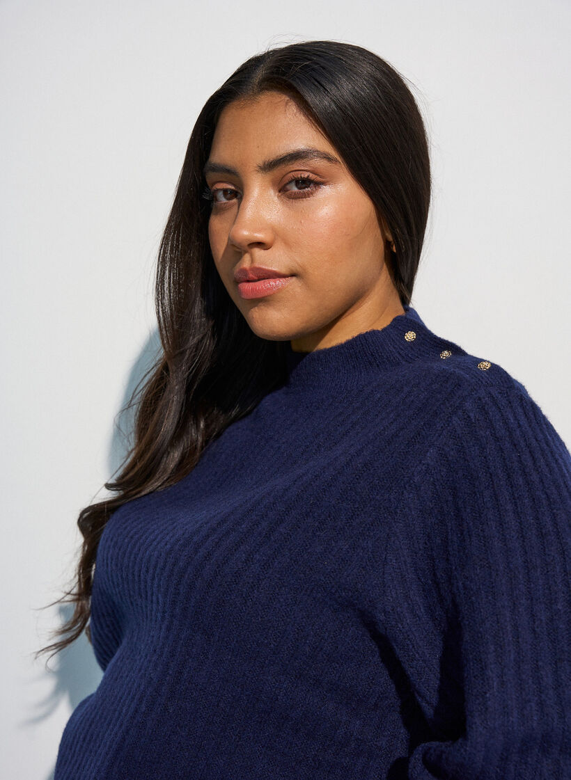 Pullover aus Rippstrick mit Puff&auml;rmeln und Kn&ouml;pfen, Blau, Model image number 3
