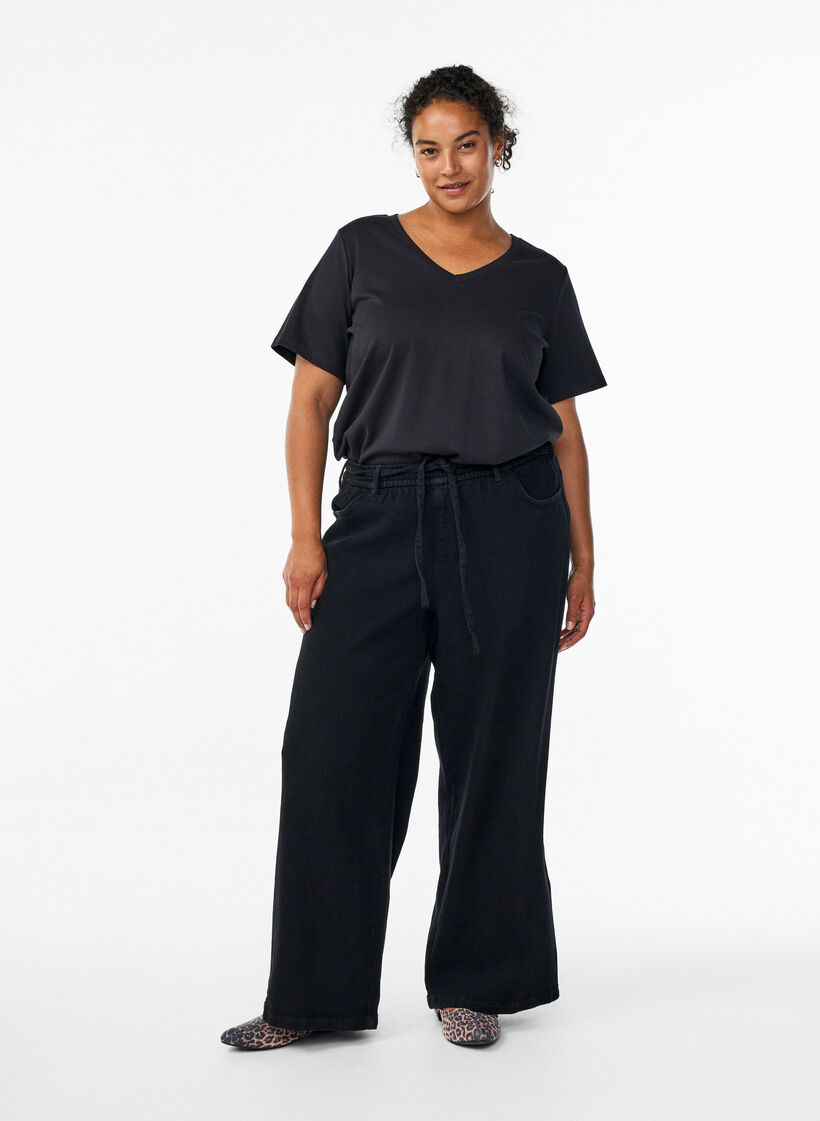 Jeans mit lockerer Passform, elastischem Bund und Tunnelzug, Schwarz, Model image number 0