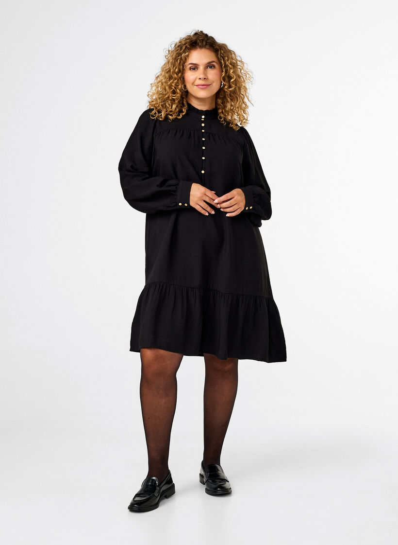 Kurzes Kleid mit Rüschenkragen, Black, Model image number 2