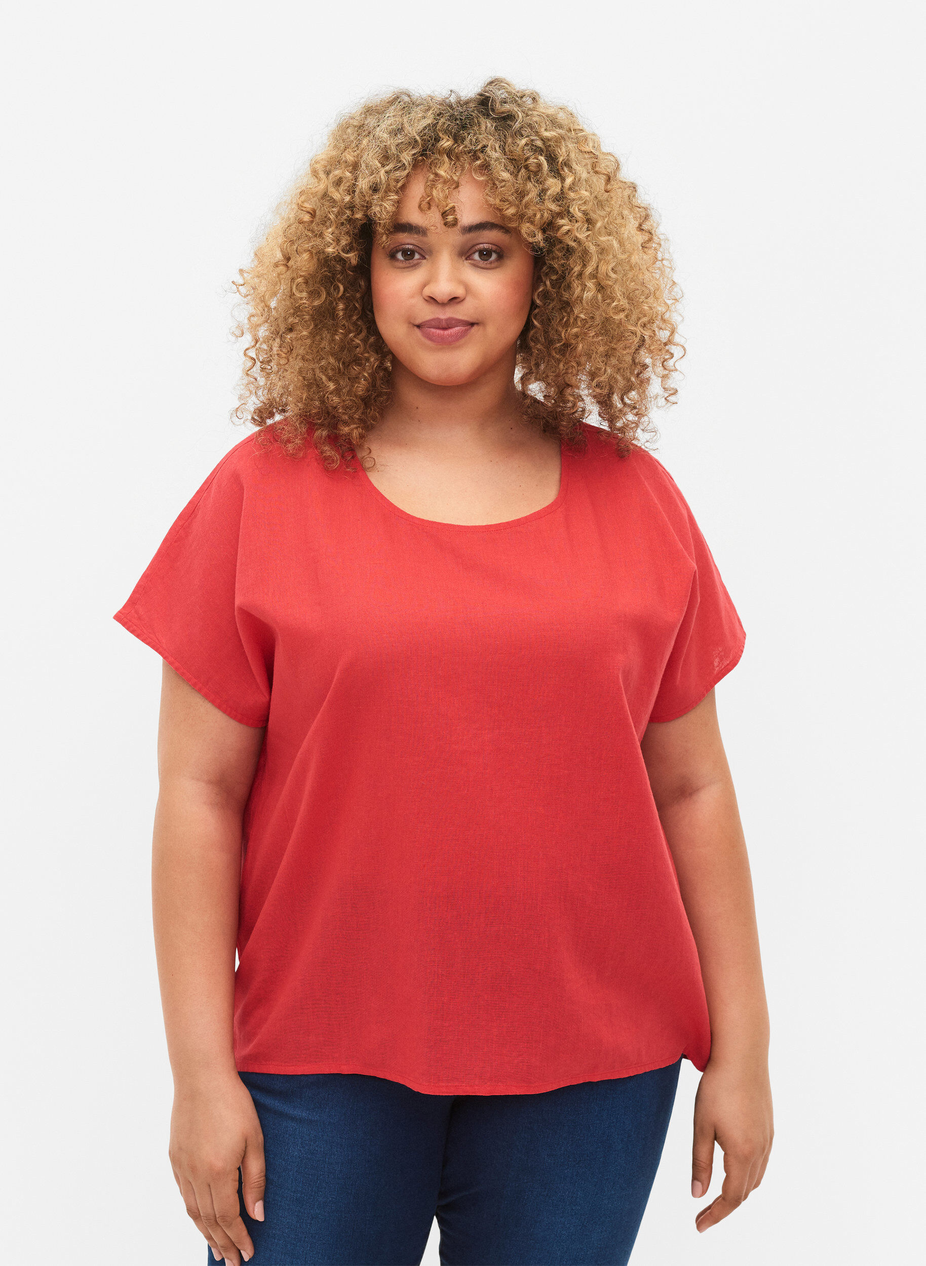 ZizziKurz&auml;rmelige Bluse aus Baumwollmischung mit Leinen, Hibiscus, Model image number 0