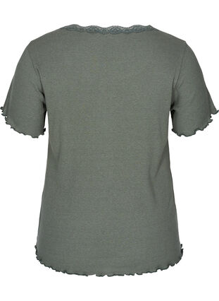 Kurzarm T-Shirt aus Ripp mit Spitze, Balsam Green, Packshot image number 1