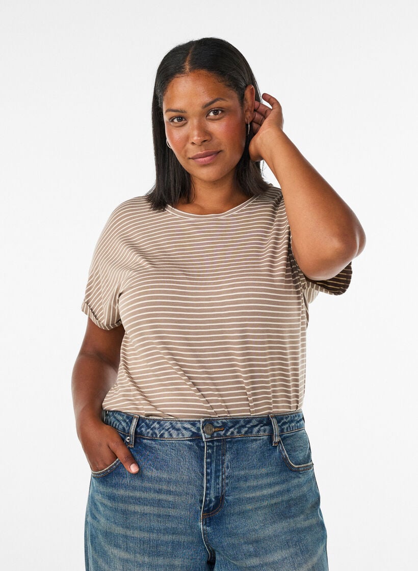Gestreiftes T-Shirt aus Viskose mit Rundhalsausschnitt, Beige, Model image number 0