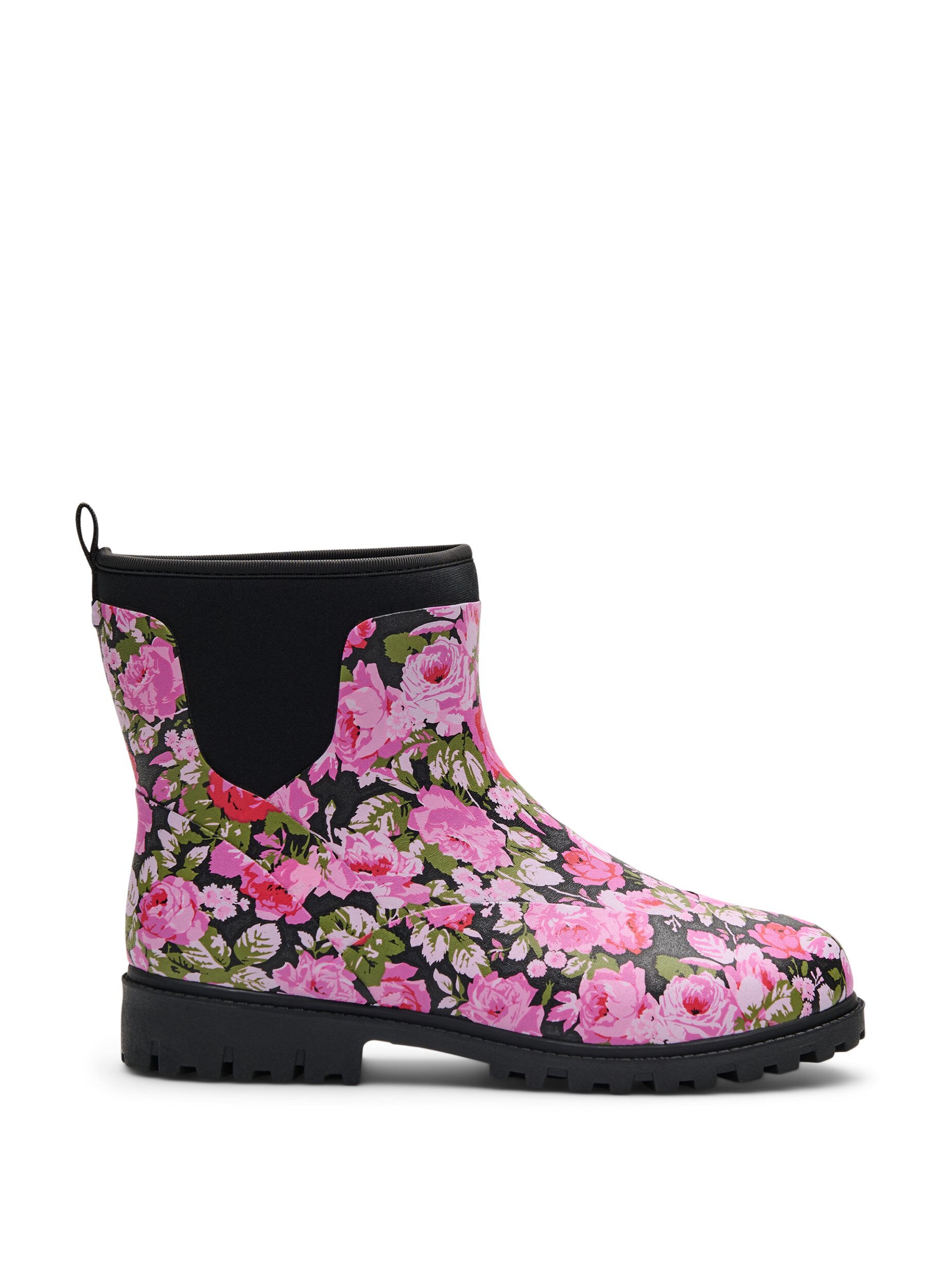 ZizziKurze Stiefel mit weitem Schaft aus elastischem Neopren, Flower AOP, Packshot image number 0