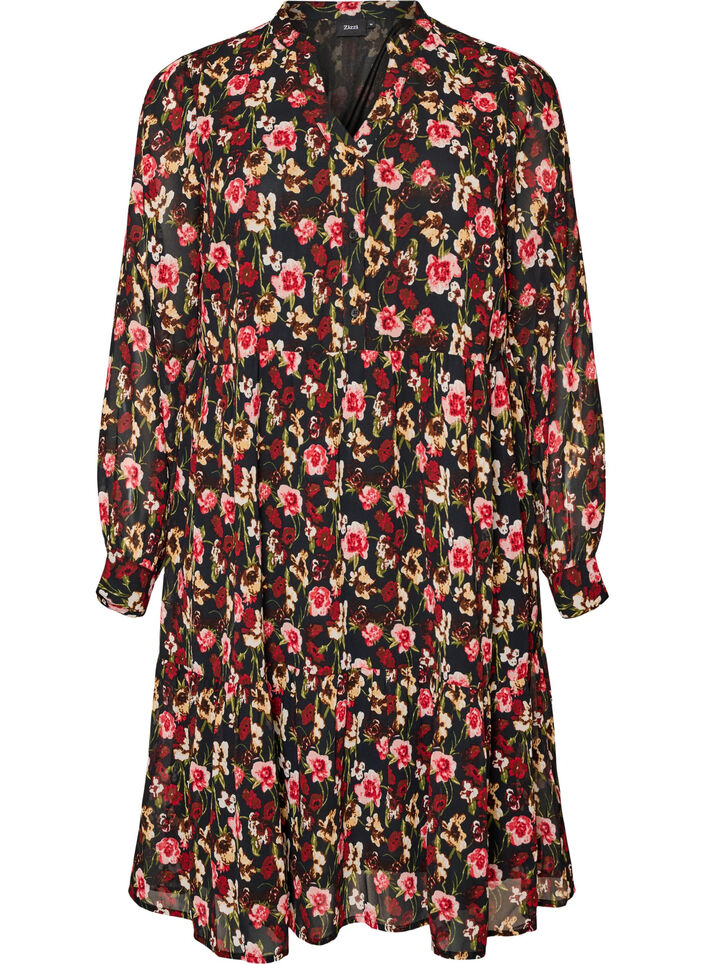 Kleid mit Allover-Muster und einer Volantlage, Schwarz, Packshot image number 0