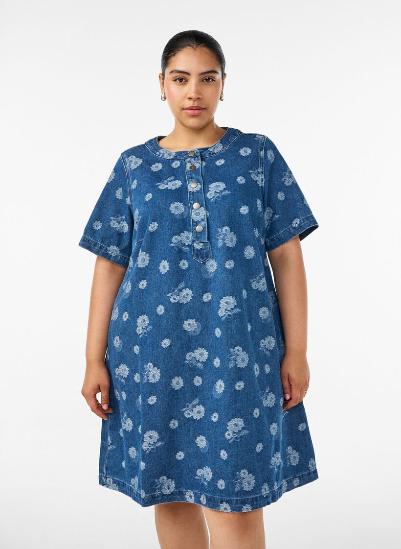 A-Linien-Kleid aus Denim mit Blumenmuster, Blau, Model image number 0
