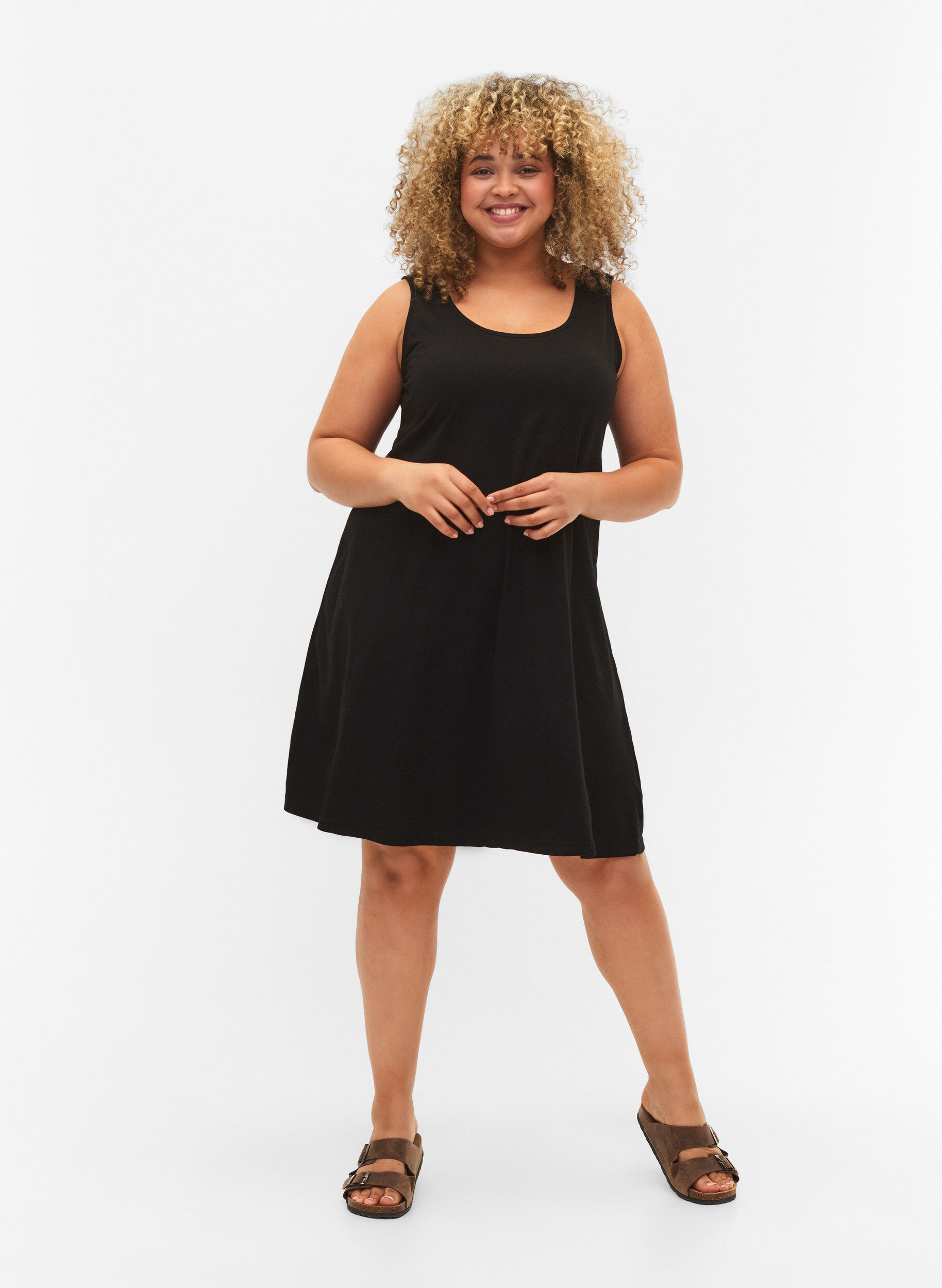 Zizzi&Auml;rmelloses Kleid aus Baumwolle mit A-Linie, Black, Model image number 2