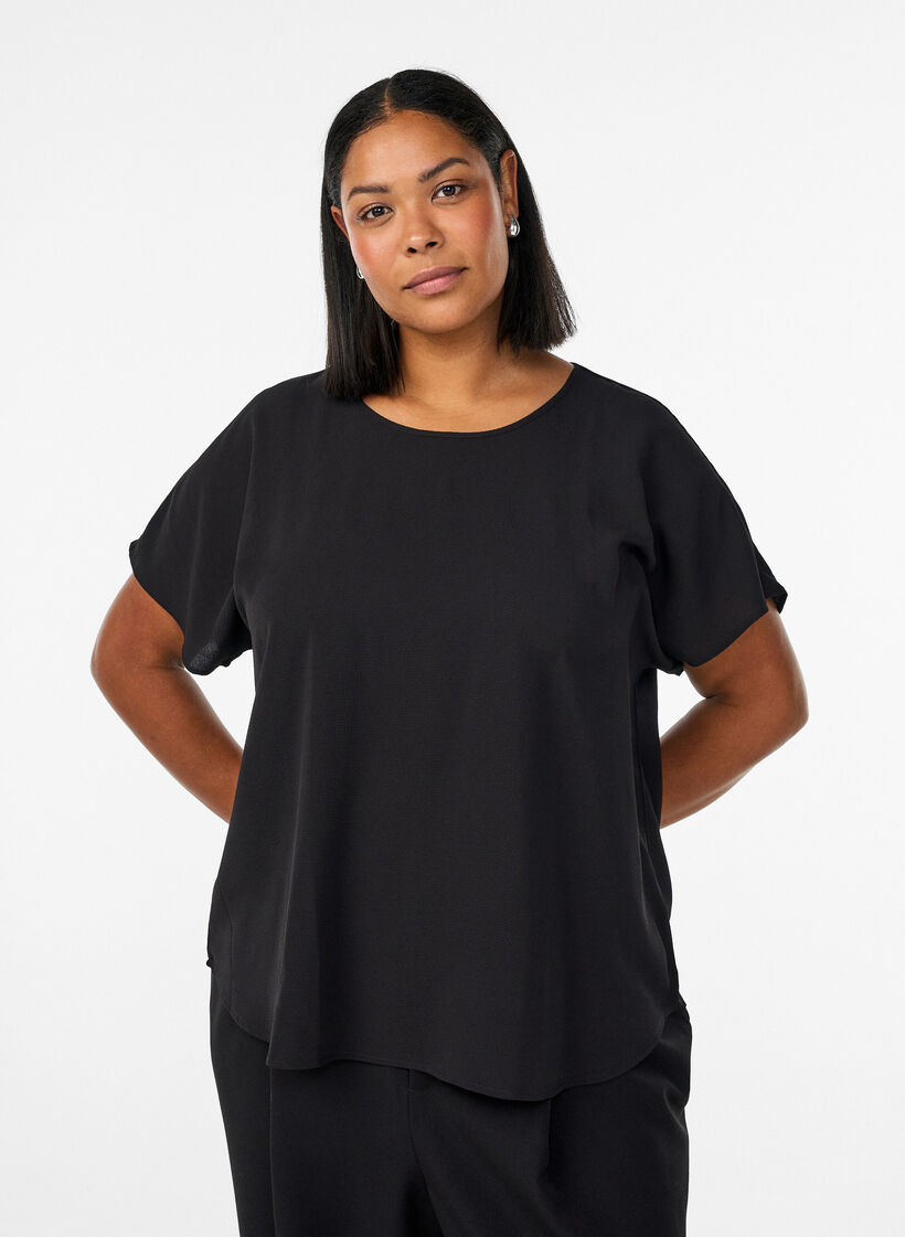 Bluse mit kurzen &Auml;rmeln und Rundhalsausschnitt, Schwarz, Model image number 0