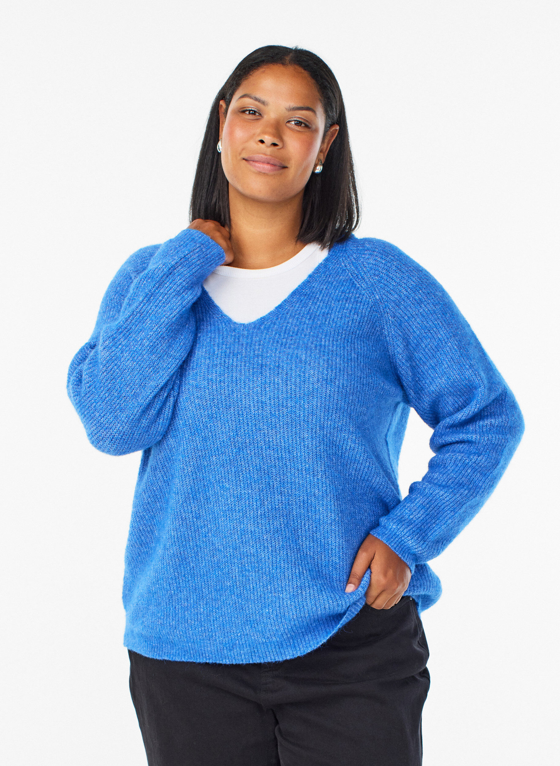 ZizziStrickbluse mit V-Ausschnitt und Raglan&auml;rmeln, Blau, Model image number 0