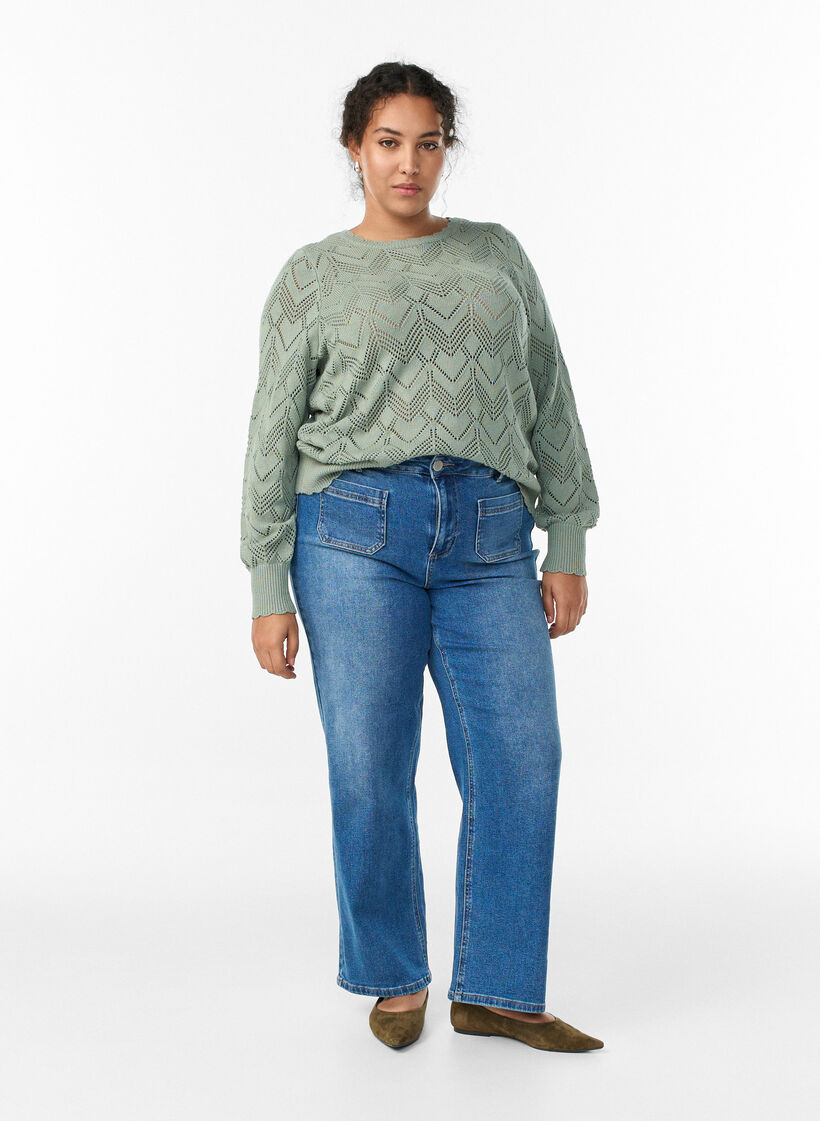 Gemusterte Strickbluse mit Wellenkante und Rundhalsausschnitt, Grün, Model image number 1