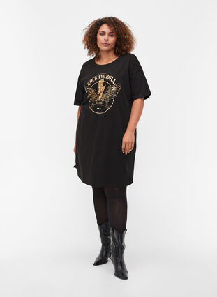 T-Shirt-Kleid aus Baumwolle mit Printdetails, Black w. Gold, Model image number 2