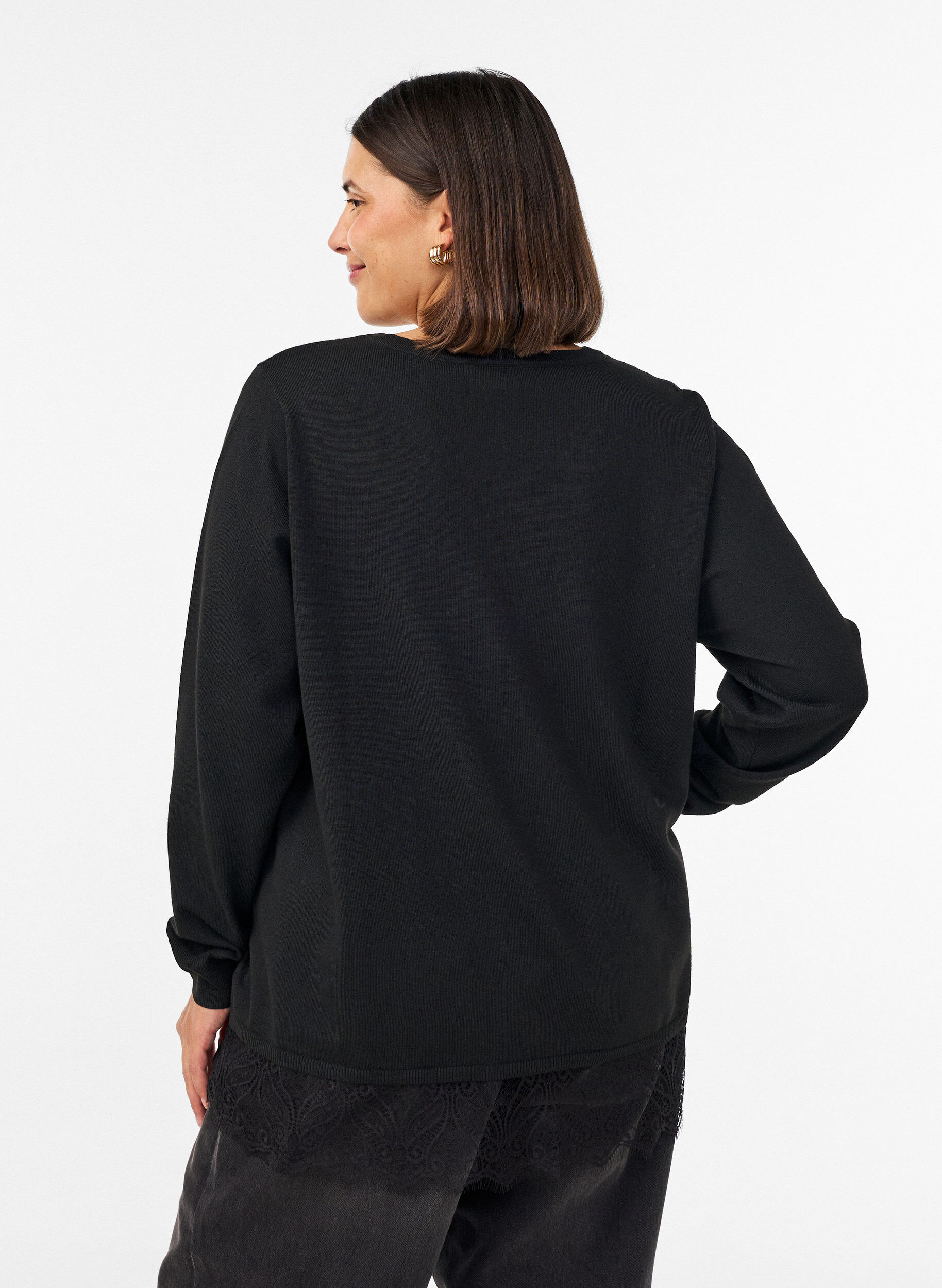 ZizziBluse aus Strick mit V-Ausschnitt und Spitzen, Schwarz, Model image number 2