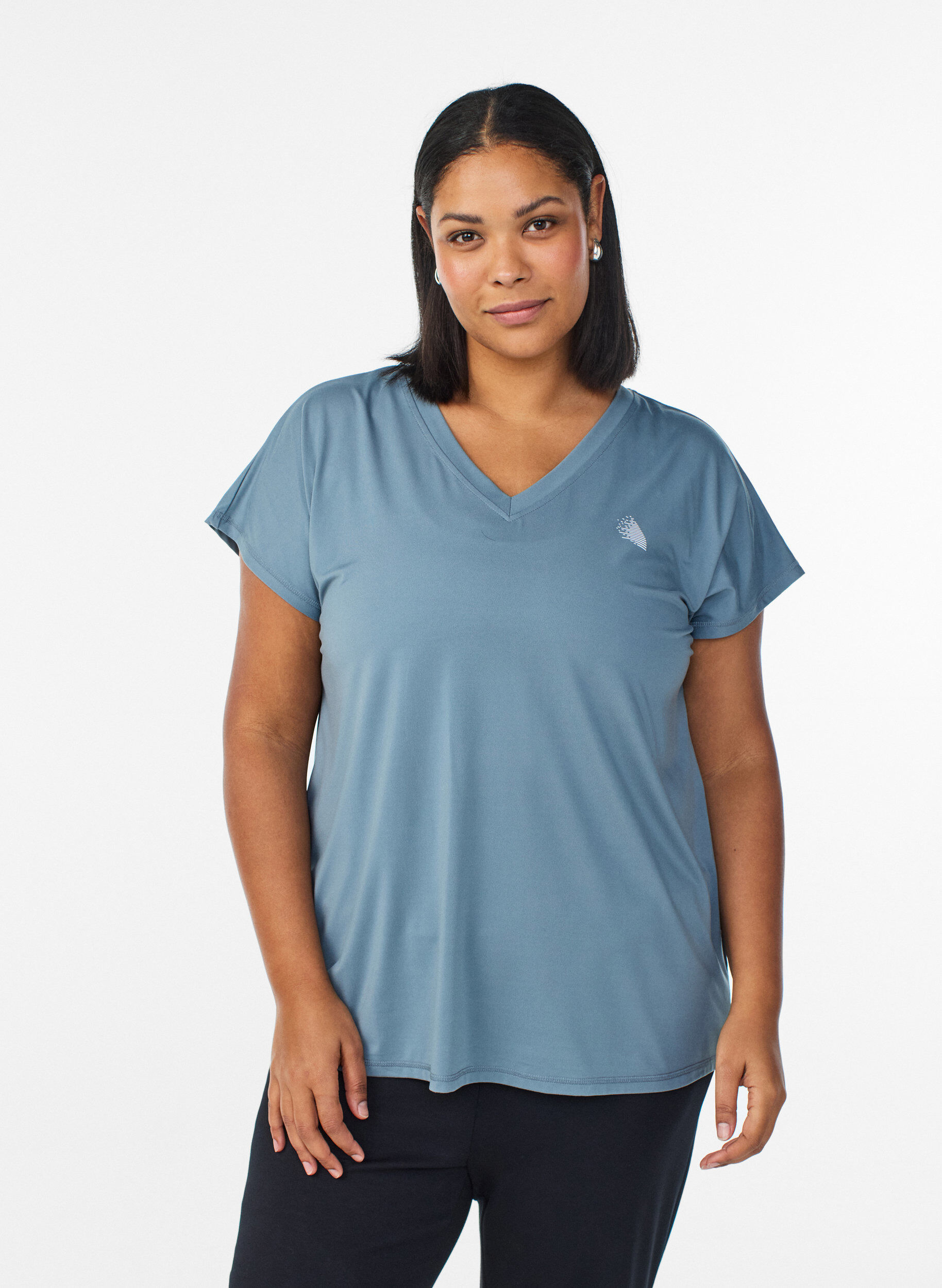 Lockeres Trainings-T-Shirt mit V-Ausschnitt, Grau, Model