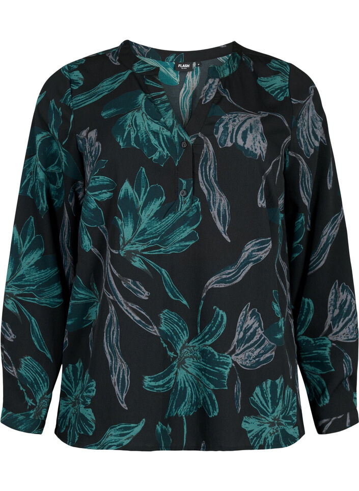 FLASH &ndash; Lang&auml;rmlige Bluse mit Druck, Black Scarab Flower, Packshot image number 0