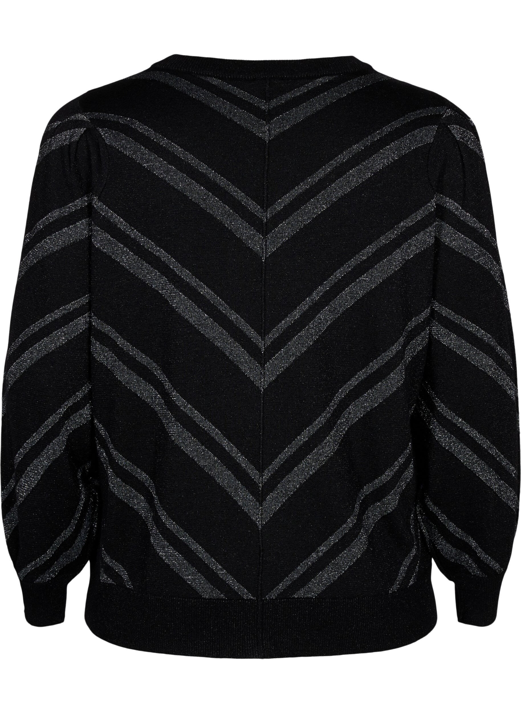 ZizziStrickpullover mit Rundhalsausschnitt und Schimmer-Effekt, Black w.S.L.Stripes, Packshot image number 1