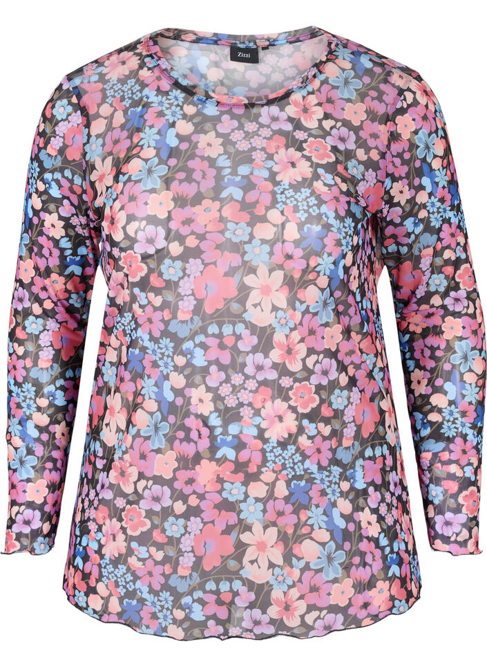 Enganliegende Mesh-Bluse mit Blumenmuster, Flower AOP, Packshot image number 0