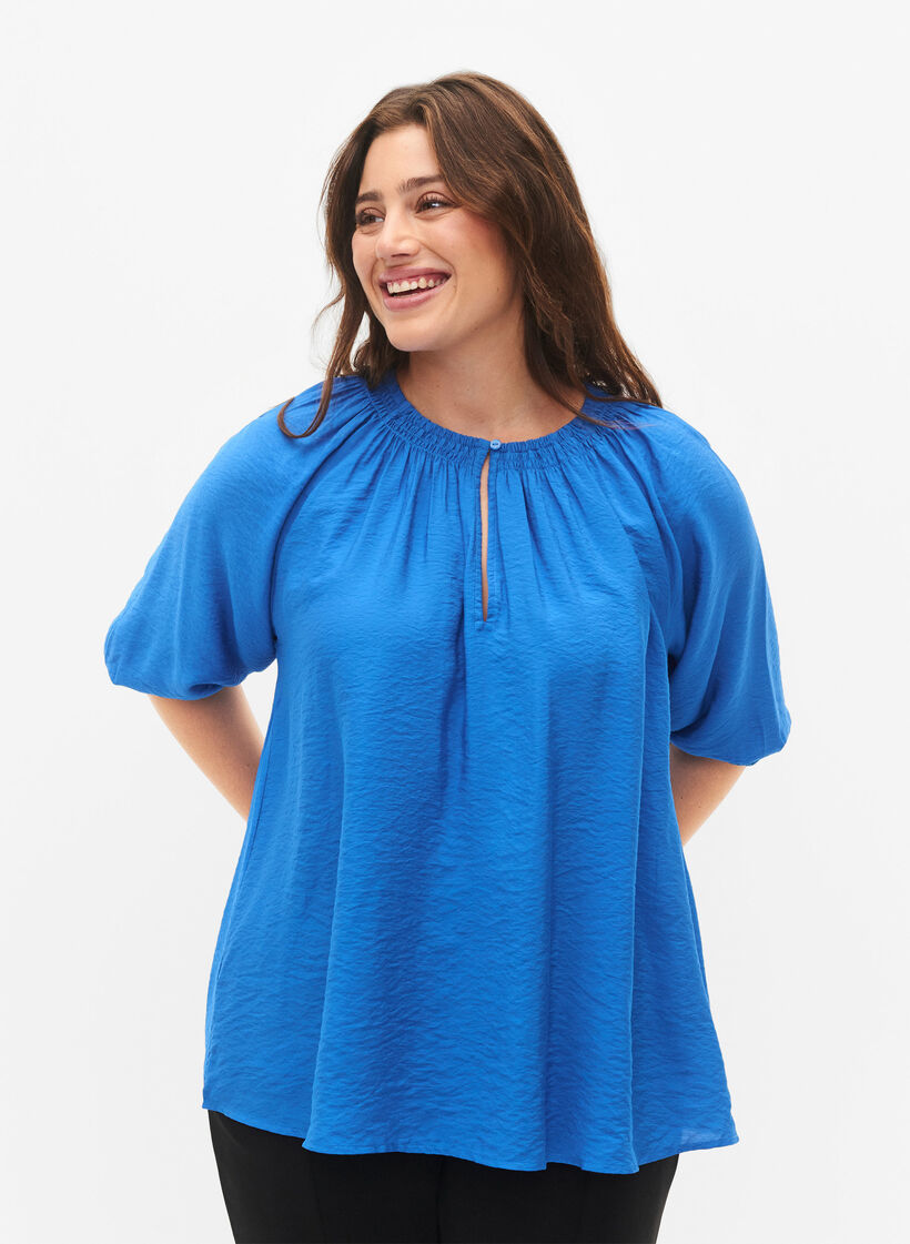 A-förmige Viskosebluse mit 3/4 Ärmeln, Strong Blue, Model image number 0