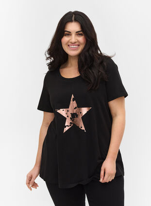 Kurzarm T-Shirt aus Baumwolle mit Aufdruck, Black w. star copper, Model image number 0