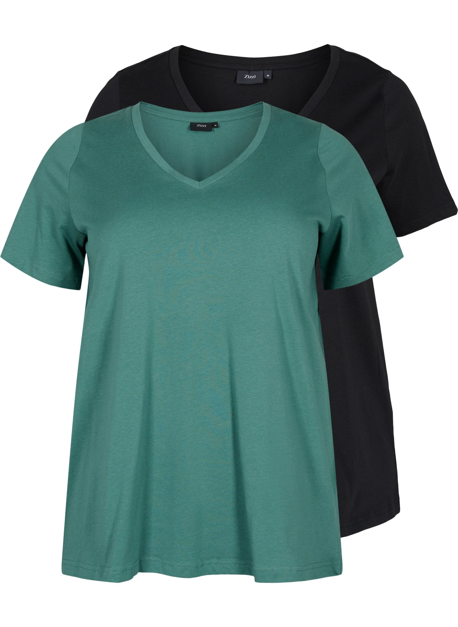 Zizzi2er-Pack basic T-Shirts aus Baumwolle, Mallard Green/Black, Packshot image number 0