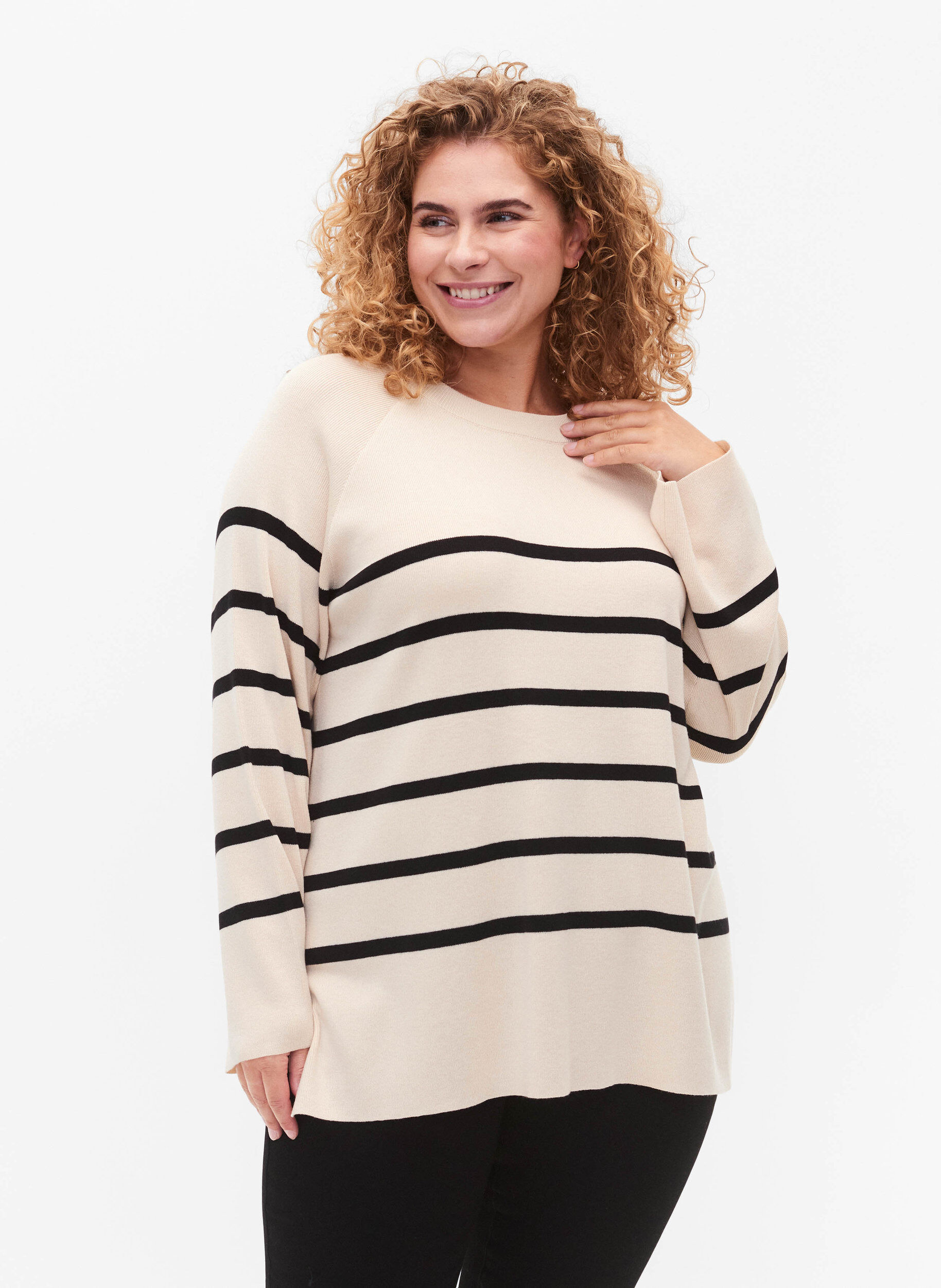 ZizziGestreifter Viskose-Pullover, Sandshell/Black S., Model image number 0