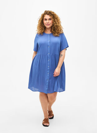 A-Linien-Kleid aus Viskose mit kurzen Ärmeln, Moonlight Blue, Model image number 2