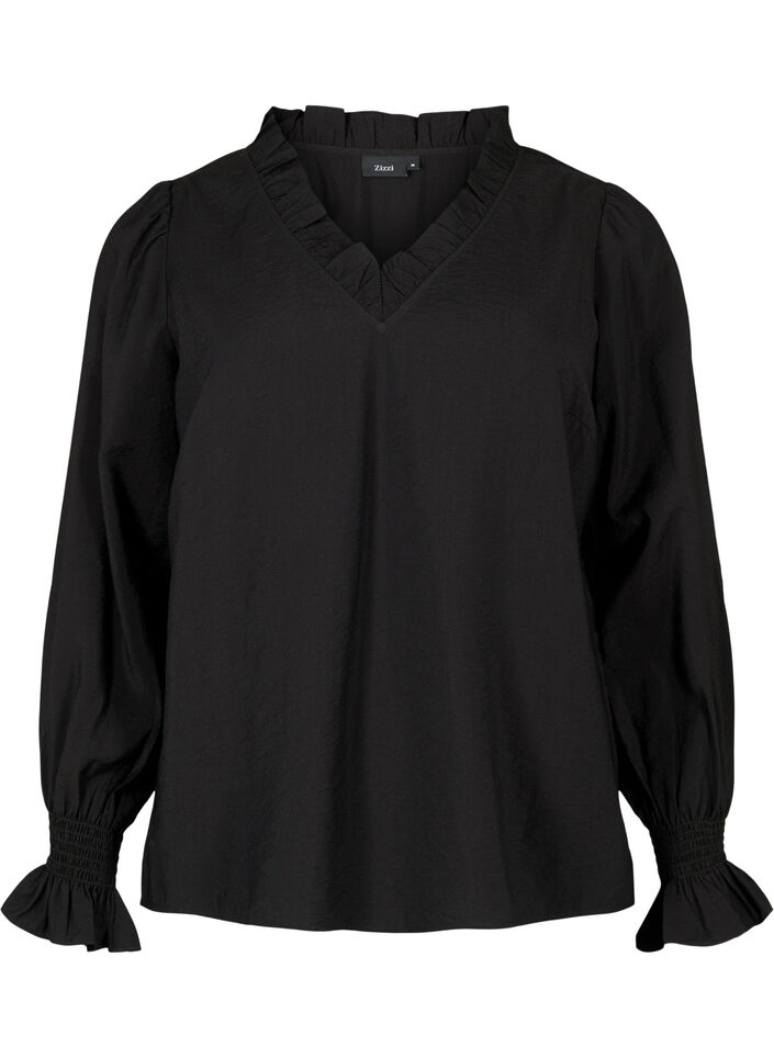 Langärmelige Viskosebluse mit Rüschendetails, Black, Packshot image number 0