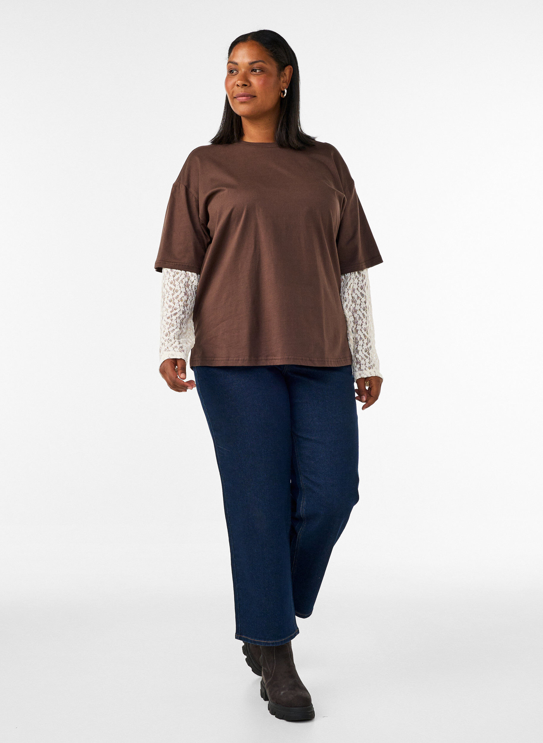 ZizziLockeres T-Shirt mit langen Spitzen&auml;rmeln, Braun, Model image number 1
