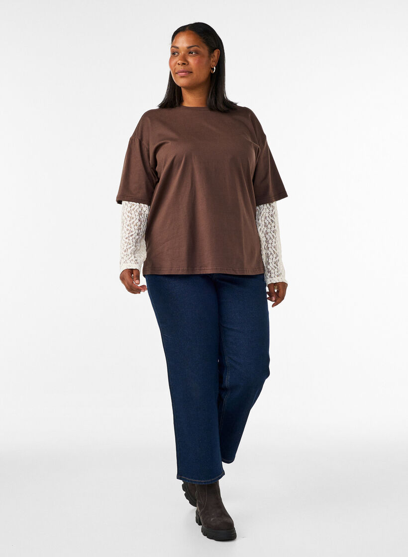 Lockeres T-Shirt mit langen Spitzen&auml;rmeln, Braun, Model image number 1