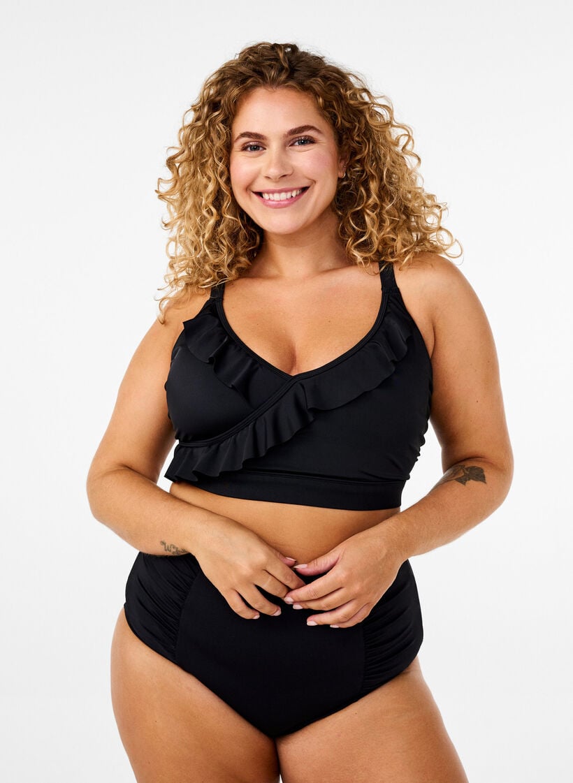 Bikinioberteil mit Rüschen und herausnehmbaren Einsätzen, Schwarz, Model image number 1
