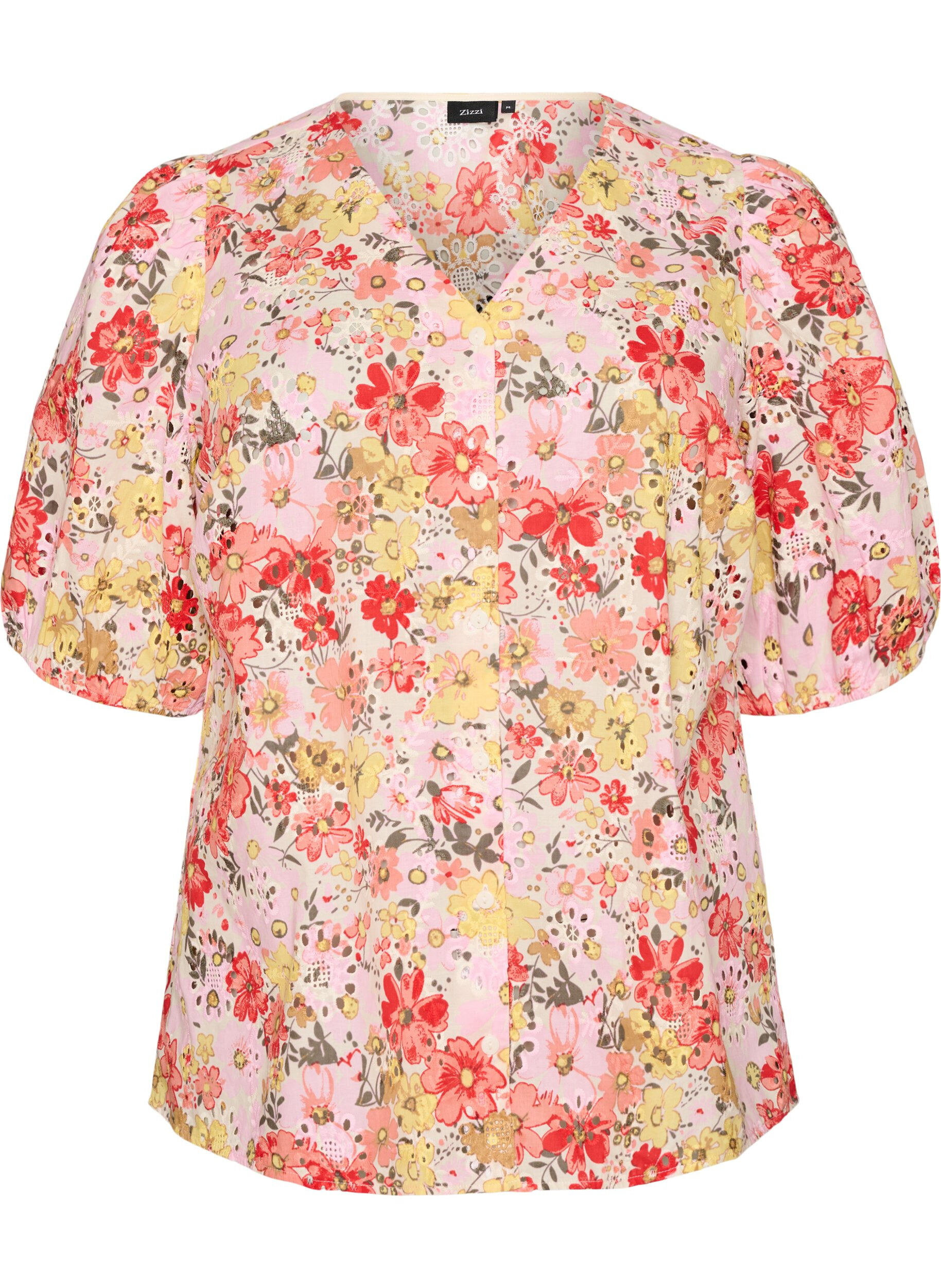 ZizziGebl&uuml;mte Bluse mit Lochstickerei und V-Ausschnitt, Rot, Packshot image number 0