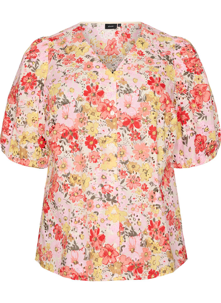 Gebl&uuml;mte Bluse mit Lochstickerei und V-Ausschnitt, Rot, Packshot image number 0