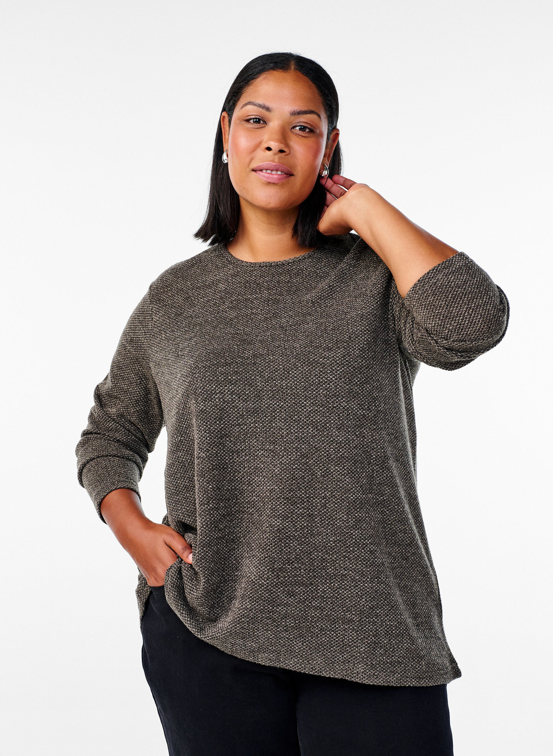 Lang&auml;rmelige Bluse mit Struktur, Braun, Model