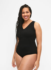 Badeanzug mit Krepp-Textur und Wickeleffekt, Black, Model