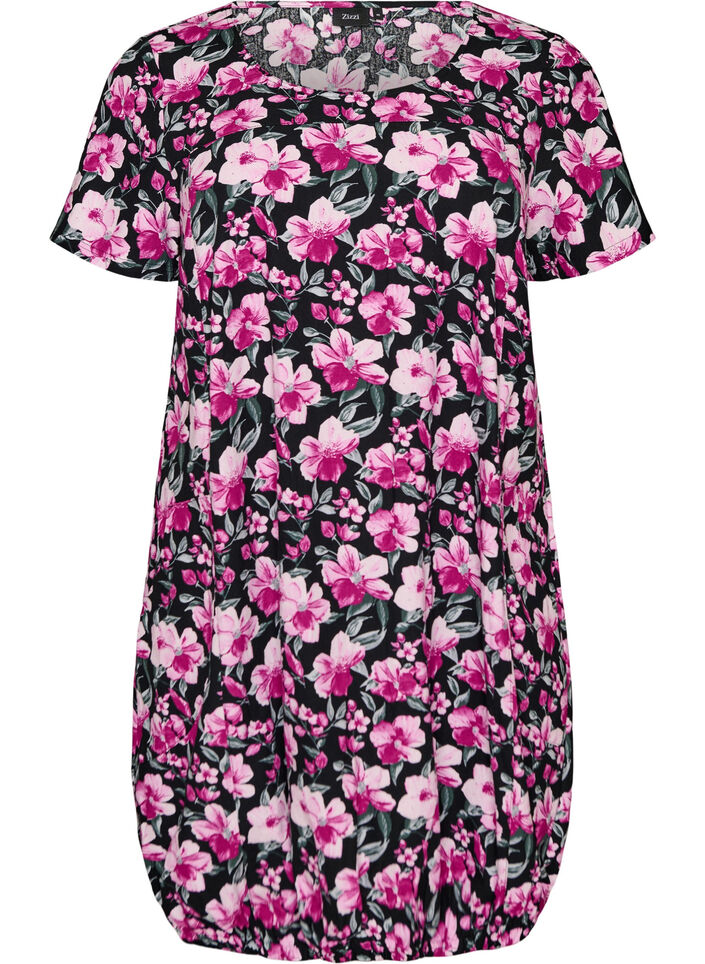 Kurz&auml;rmliges Baumwollkleid mit Aufdruck, Schwarz, Packshot image number 0