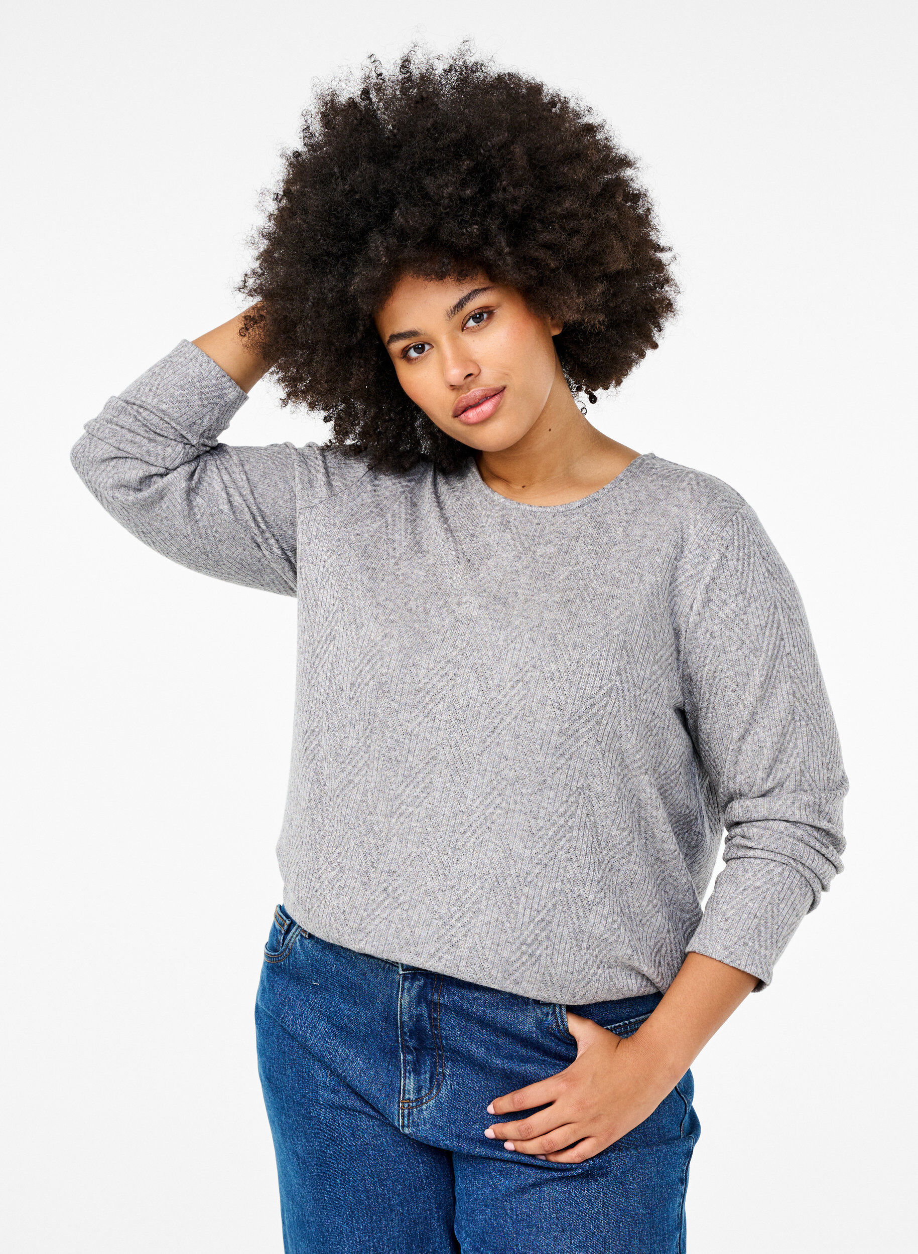 ZizziGemusterte Bluse mit langen &Auml;rmeln, Grau, Model image number 0