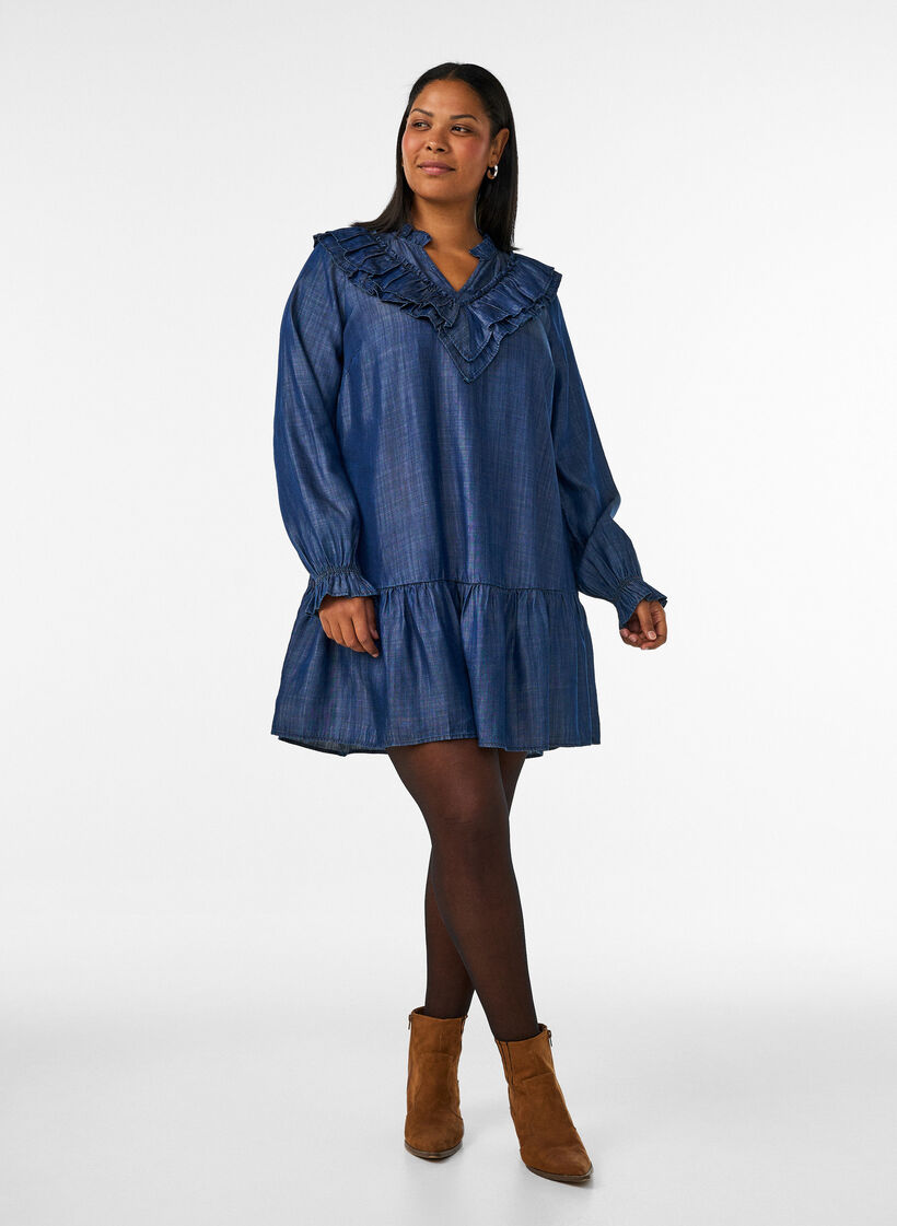 Kurzes Kleid im Denim-Look mit R&uuml;schen, Blau, Model image number 1