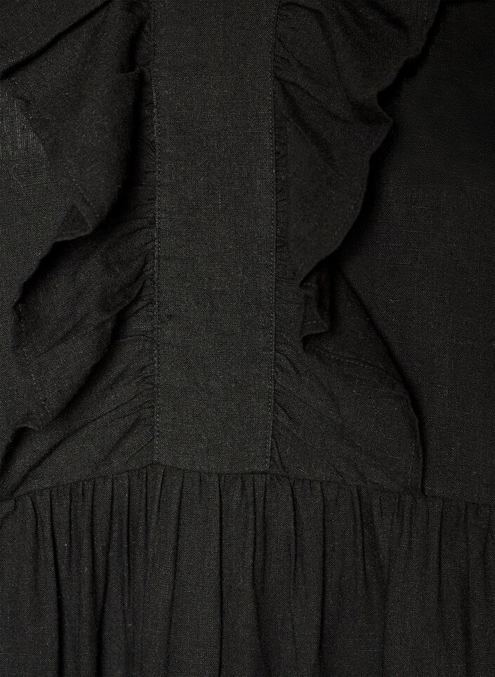 &Auml;rmelloses Midikleid aus Leinen und Viskose mit R&uuml;schen, Schwarz, Packshot image number 2