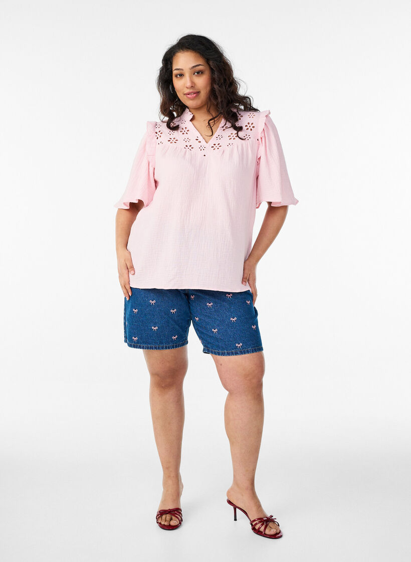 Bluse aus Baumwoll-Musselin mit Broderie Anglaise und 1/2-&Auml;rmeln, Rot, Model image number 1