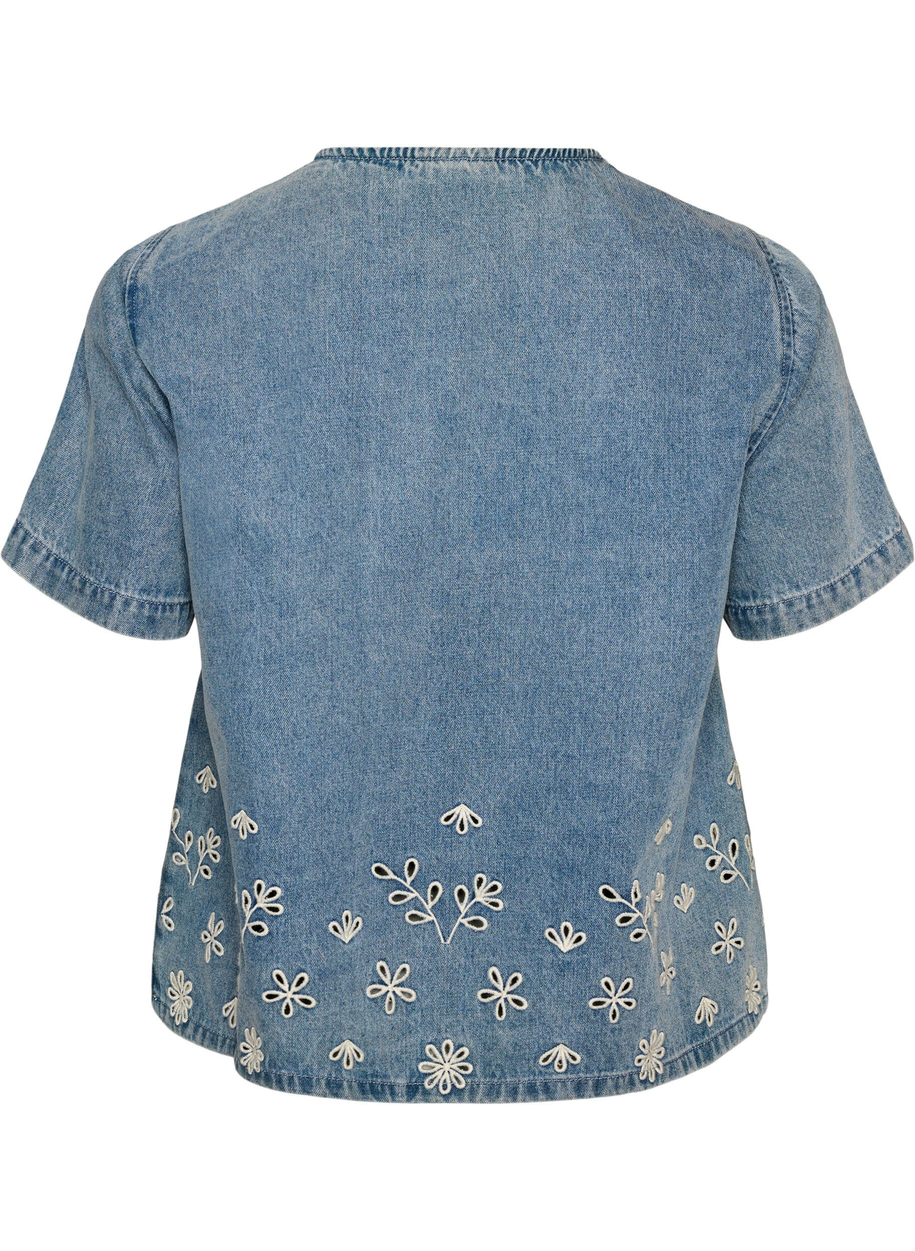 ZizziKurz&auml;rmelige Jeansbluse mit Lochstickerei, Blau, Packshot image number 1