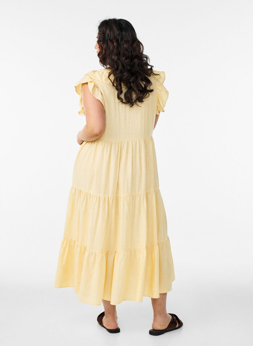 &Auml;rmelloses Midikleid aus Leinen und Viskose mit R&uuml;schen, Gelb, Model image number 1