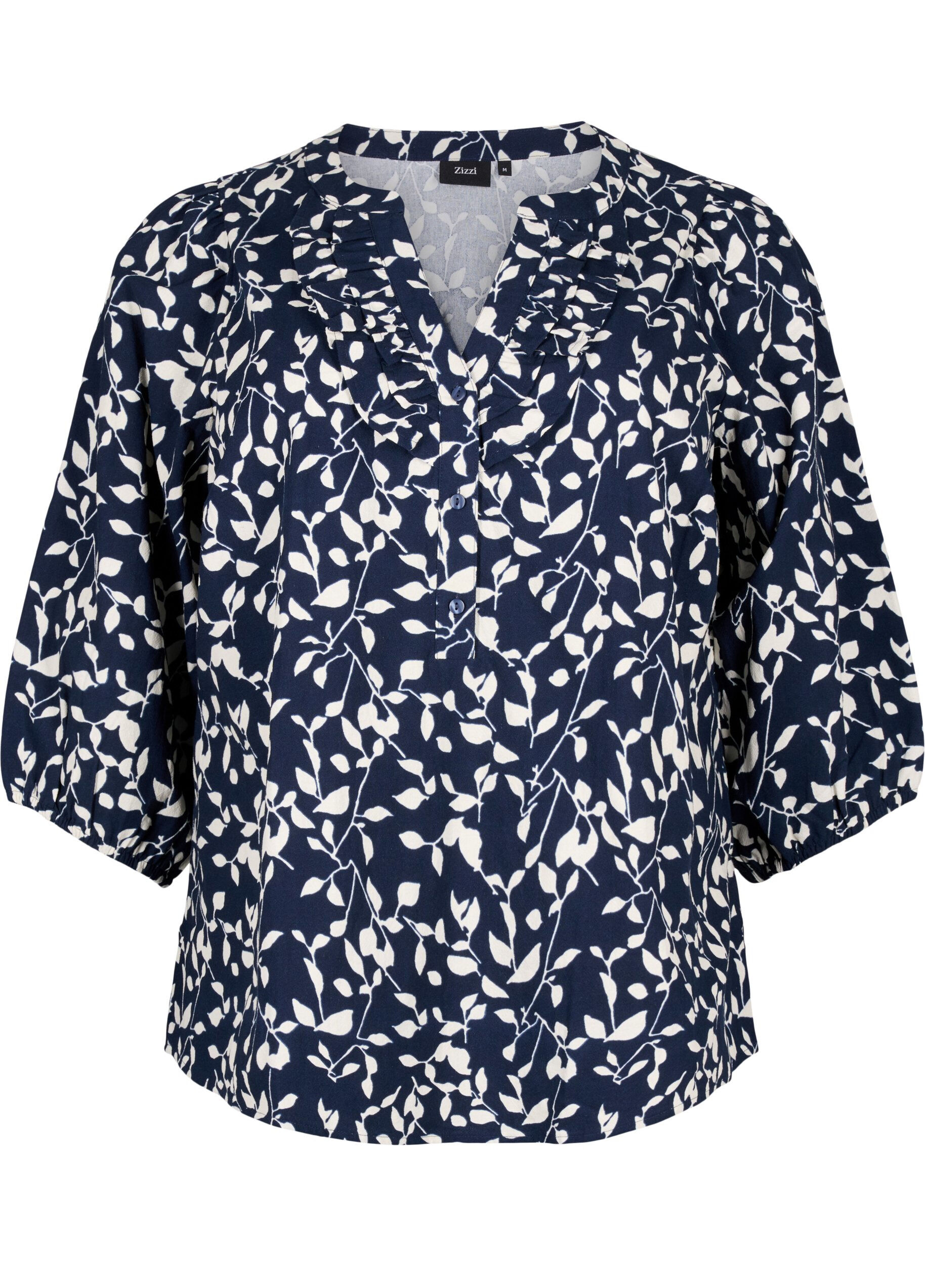ZizziBaumwollbluse mit 3/4-&Auml;rmeln und Aufdruck, Navy Blazer Leaf, Packshot image number 0