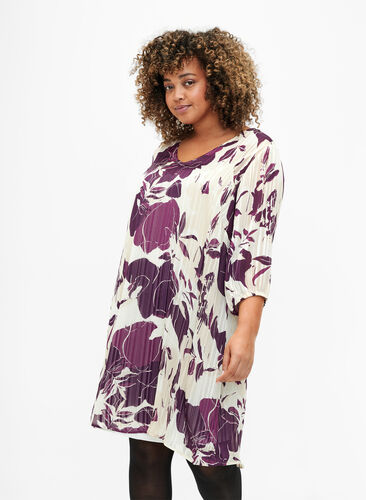 Bedrucktes Kleid mit V-Ausschnitt und 3/4-Ärmeln, D.Purple Graphic AOP, Model image number 0