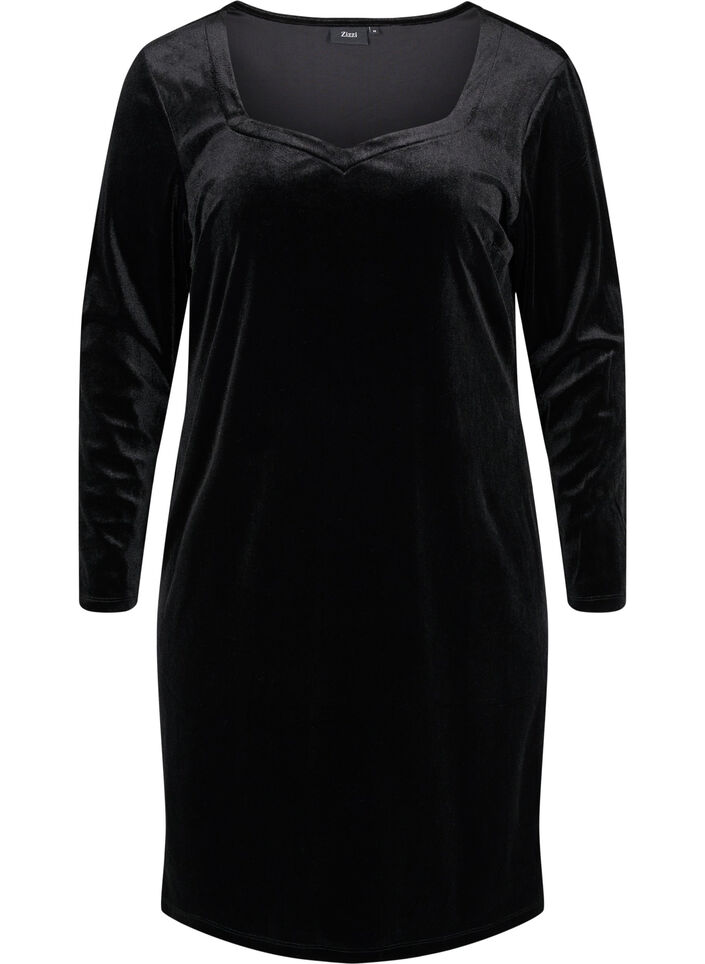 Samtkleid mit langen Ärmeln, Black, Packshot image number 0
