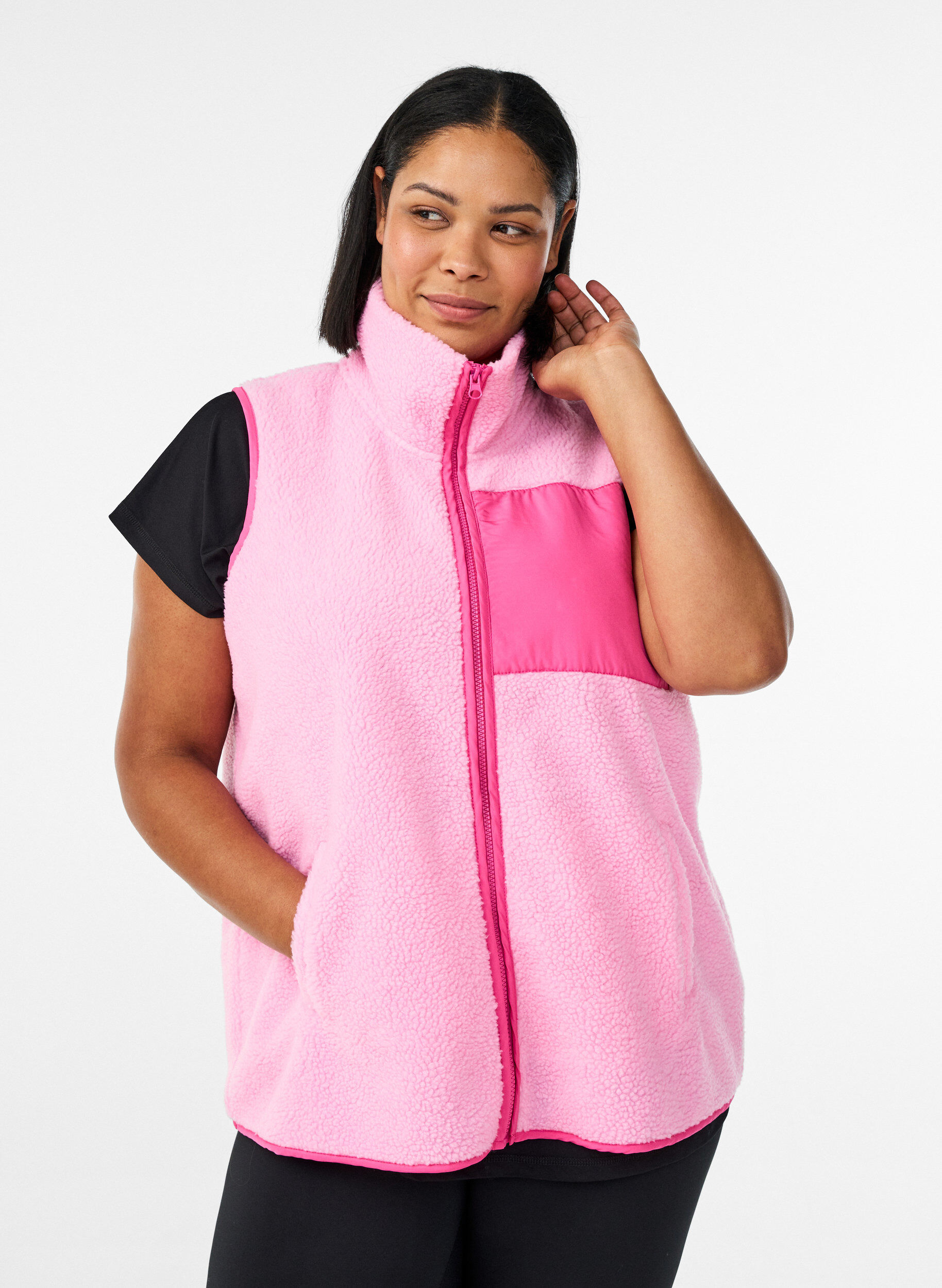 Weste aus Teddyfleece mit Rei&szlig;verschluss und Kontrastdetails, Pink, Model